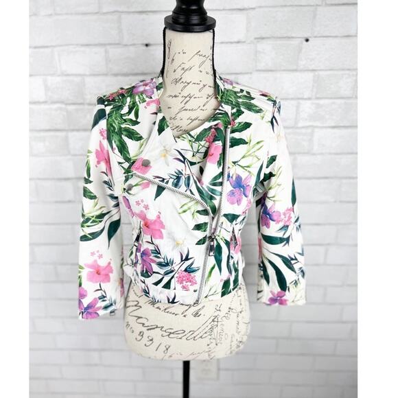 Guess Floral Print Moto Leather Zip Up Jacket Size Small - Picture 1 of 15